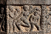 The great Chola temples of Tamil Nadu - The Airavatesvara temple of Darasuram. Pilasters inside the interior of the mandapa are decorated with small panels illustrating mythological stories in bas-reliefs. 